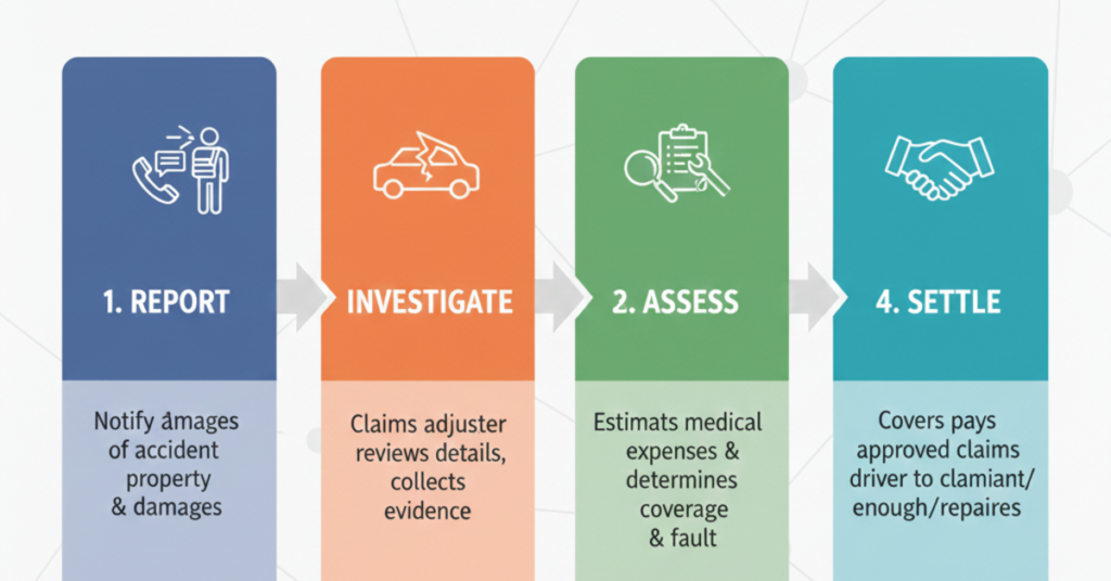 Flowchart outlining the step-by-step stages of a standard auto insurance investigation.