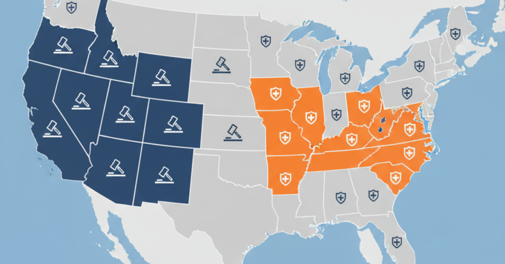Map of the United States highlighting the difference between Tort and No-Fault insurance states.