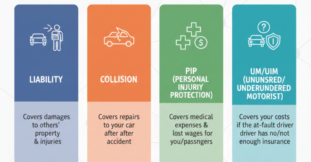 Infographic showing the 4 pillars of auto insurance: Liability, Collision, PIP, and Uninsured Motorist coverage.